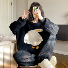 Cute Duck Fluffy Warm Pajamas Set