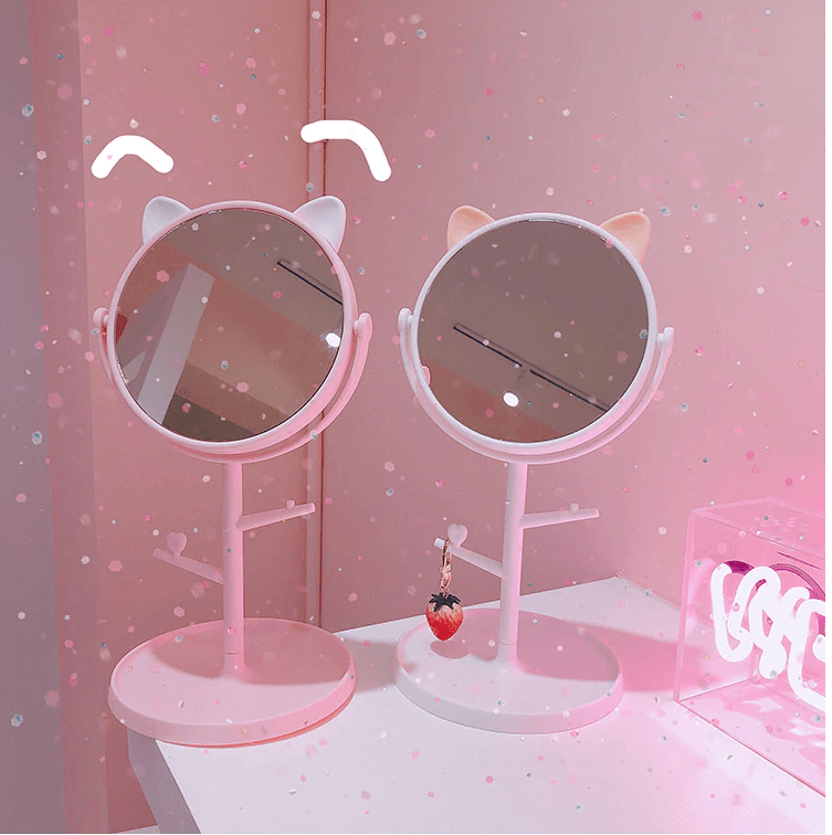 Cat Ears Makeup Mirror with Accessories Organizer - My Kawaii Space