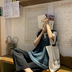 Student Style V-neck Knitted Sleeveless Sweater