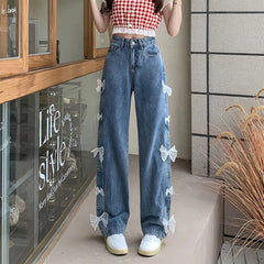 Kawaii Casual High Waisted Bow Straight Jeans