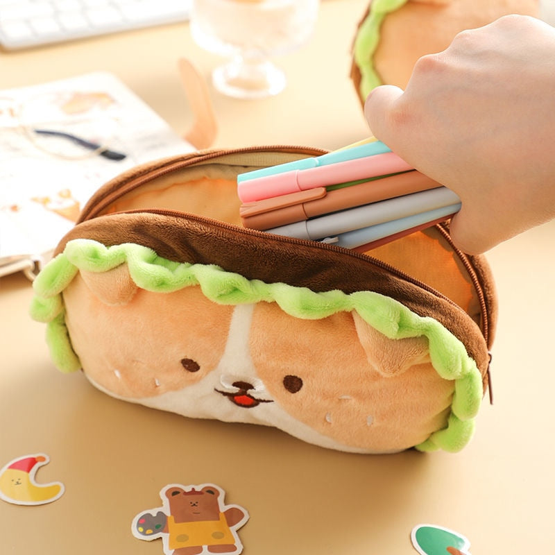 Kawaii Plush Hamburger Dog Pencil Case