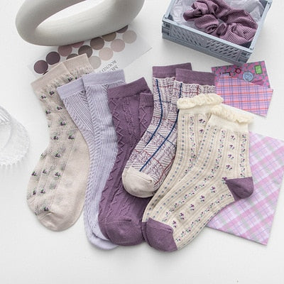 Kawaii Lavender Pattern Socks (5 Pairs)