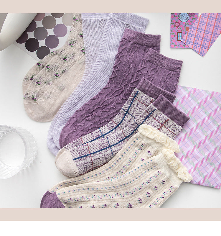 Kawaii Lavender Pattern Socks (5 Pairs)